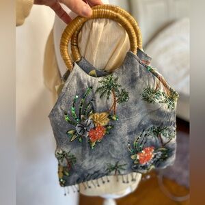 BRAND NEW WT LORD & TAYLOR sequin summer bag with a basketweave handle in blue